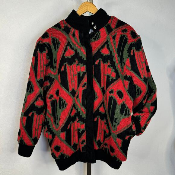 Vintage 80s Abstract Knit Bomber Jacket Red Green Black Geometric Pattern Large